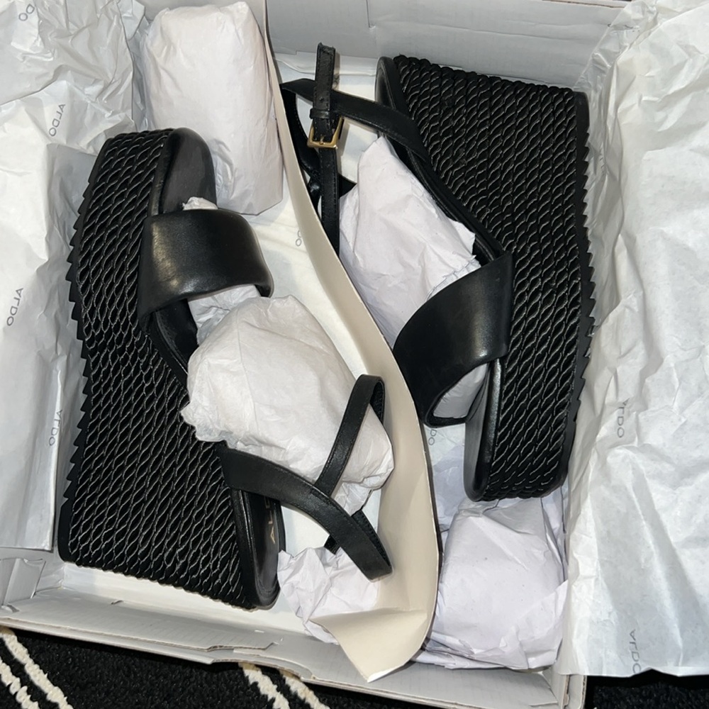 Aldo Jeigh Black Braided Wedge Sandals - Picture 3 of 4
